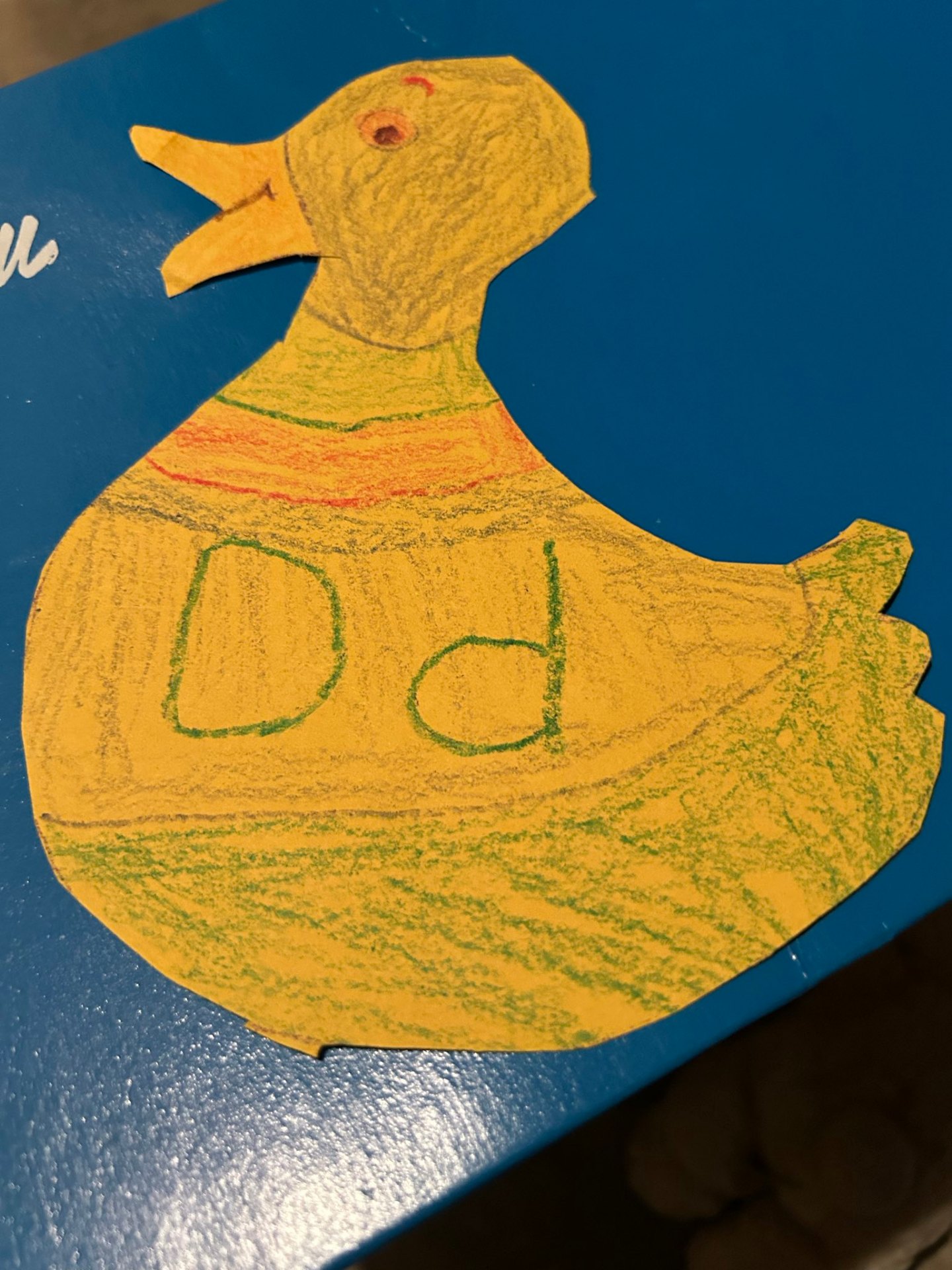 Grade-school crayon drawing of a duck, early Duckyverse inspiration